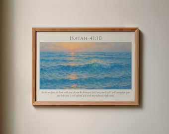 Cuadro decorativo con versículo bíblico de Isaías 41:10, estampado de paisaje oceánico, decoración cristiana costera para el hogar.