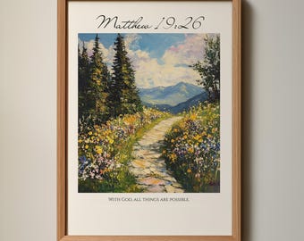 Arte de parede com versículo bíblico de Mateus 19:26, impressão das Escrituras, decoração cristã para casa.