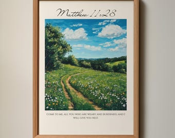 Arte de parede com versículo bíblico de Mateus 11:28, decoração cristã para casa, impressão das Escrituras, download digital.