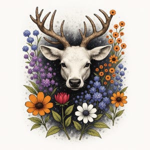 Lámina artística floral con animales: Ilustración mística de animales del bosque con flores silvestres y estrellas / Decoración de pared bohemia de naturaleza / Descarga digital