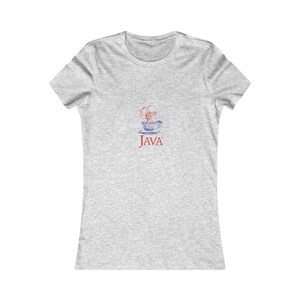 May include: A light gray t-shirt featuring a red and blue graphic of a steaming cup of coffee with the word "JAVA" underneath. The shirt is a fitted style with short sleeves and a crew neck.