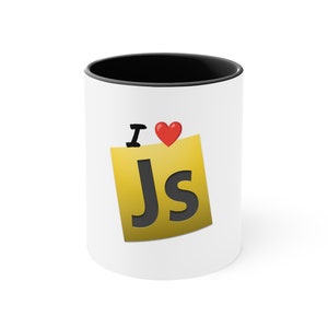 Könnte beinhalten: Weiße Keramik-Kaffeetasse mit schwarzem Innenraum. Die Tasse zeigt den Text "I ♥ Js" mit einem roten Herzsymbol über einem gelben Quadrat mit den Buchstaben "Js" in fetter, schwarzer Schrift. Ein Geschenk für Programmierer.