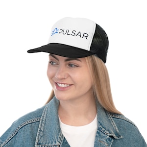 May include: Black and white trucker hat with the word "PULSAR" in blue and black lettering. The hat has a white front panel and a black brim and mesh back.