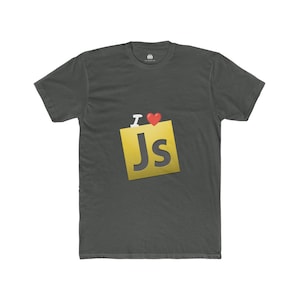 May include: Dark gray t-shirt with the text "I ♥ Js" featuring a gold square with the letters "Js" and a red heart. The shirt is made of a soft material and has a crew neck.