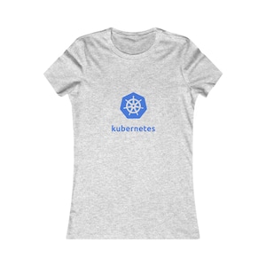 Può includere: T-shirt grigio chiaro con il logo Kubernetes blu, un timone stilizzato all'interno di un esagono blu e la parola "kubernetes" in blu sotto. La maglietta ha un girocollo e maniche corte.
