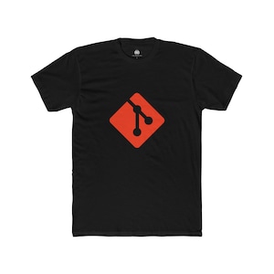 May include: Black t-shirt featuring a red square with a stylized white graphic. The graphic resembles a branching diagram or a software development icon. The shirt is made of a soft material.