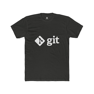 May include: Dark gray t-shirt with a white graphic of a diamond shape with a branching design and the word "git". The shirt is a crew neck style.