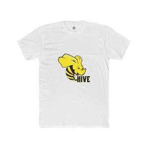 May include: White t-shirt featuring a yellow and black cartoon elephant-bee hybrid graphic with the word "HIVE" in black. The shirt has a crew neck and short sleeves. The design is centered on the front of the shirt.