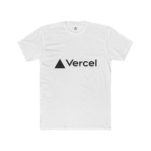 May include: White t-shirt with the word "Vercel" in black, and a black triangle to the left. The shirt has a crew neck and short sleeves. The design is centered on the front. A simple, minimalist design.