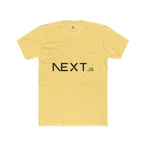 May include: A yellow t-shirt featuring the black text "NEXT.js". The shirt has a crew neck and short sleeves. The material looks like a soft cotton blend.