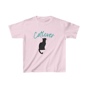 Kids T-Shirt, Catlover, girls' shirt made of pure cotton, pink T-shirt with black cat