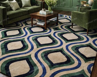 Hand Tufted Wool and Viscose Geometric Rug - Modern Wave Pattern Blue Green Contemporary Area Rug