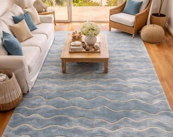 Hand Tufted Viscose Area Rug | Ombre Coastal Blue Wave Design