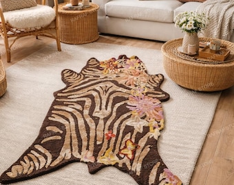 Tapis floral tigre tufté à la main - carpette en laine et viscose, tapis tendance à imprimé animal, tapis art moderne pour le salon