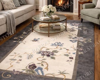 Hand Tufted Wool Rug – Floral Art Deco Style, Beige & Mocha Grey