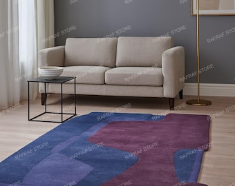 Alfombra de lana tejida a mano – Alfombra moderna abstracta en tonos morados y azules