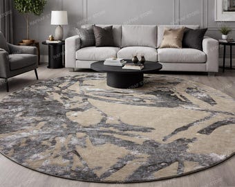 Hand Tufted Wool & Viscose Abstract Round Rug – Beige Grey Modern Living Room Carpet