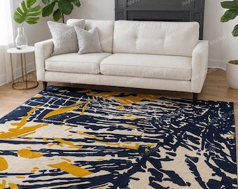 Hand Tufted Wool Rug – Navy & Mustard Abstract Art, Custom Size