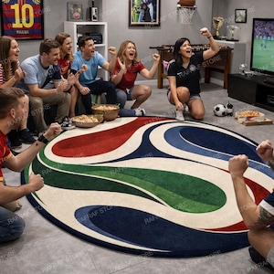 May include: A group of people watching a soccer game on TV, cheering and celebrating. A large, oval rug with a colorful design of red, green, blue, and white is in the foreground. The room has a sports theme.