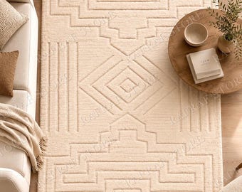 Moroccan Inspired Hand Knotted Wool Rug | Sculpted Geometric Design | Modern Luxury Carpet