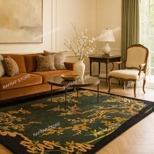 Vintage Style Handtufted Rug – Oriental Tree & Flower Pattern – Green Accent Carpet- DDP (Delivered Duty Paid)