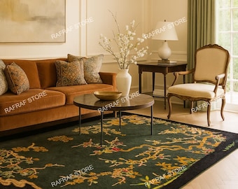 Hand-Tufted Wool Rug – Oriental Tree & Flower, Green Accent