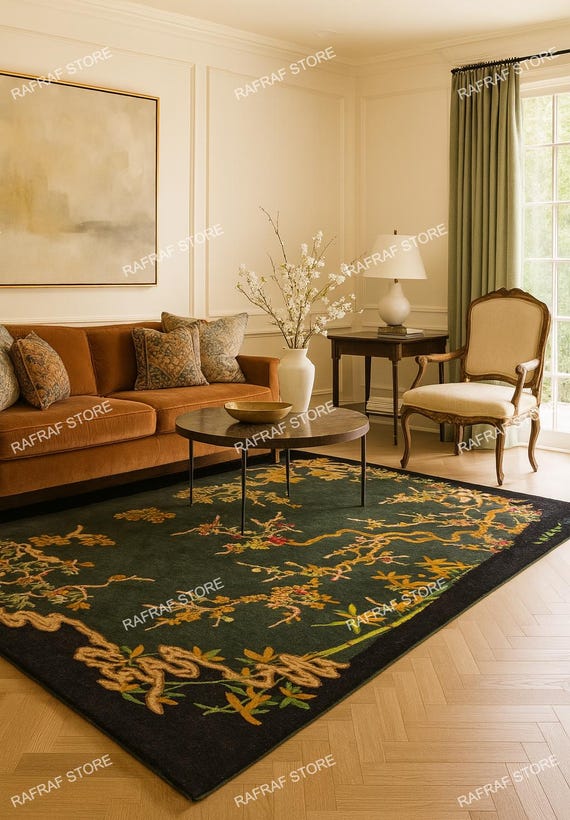 Hand-Tufted Wool Rug – Oriental Tree & Flower, Green Accent