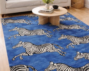 Hand Tufted Wool Zebra Rug, Blue Safari Nursery Rug