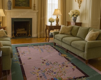 Hand Tufted Wool Rug – Floral Art Deco | Pink Green Area Rug | Custom Size | Living Room Bedroom Carpet