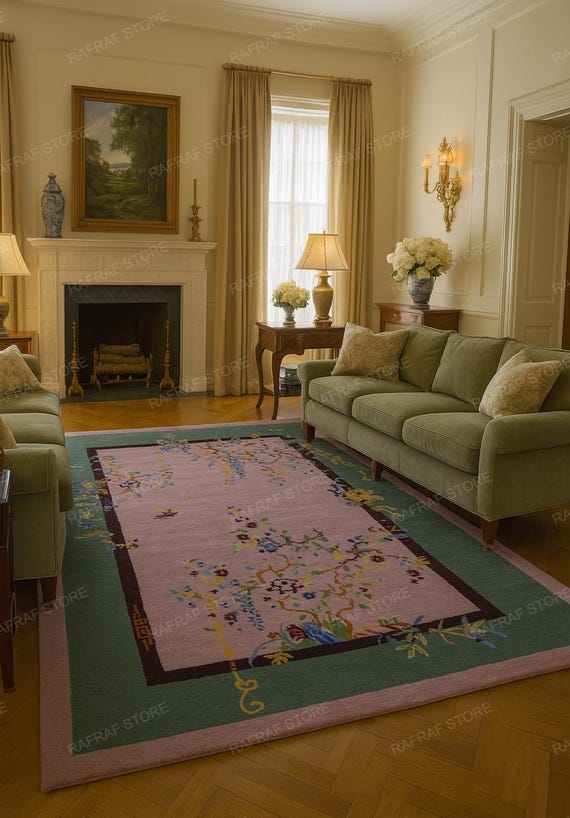 Hand Tufted Wool Rug – Floral Art Deco Style, Pink & Green