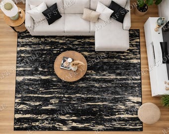 Hand Tufted Viscose Area Rug, Abstract Black Ivory, Modern Luxury