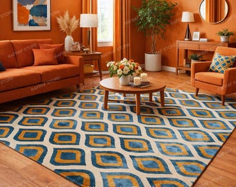Hand Tufted Viscose Rug, Blue & Mustard Geometric Area Rug, Modern Mid Century Living Room Carpet