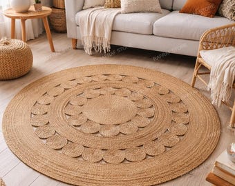 rond en jute tressé : décor bohème rustique - rond en jute naturel tissé à la main | Motif mandala tressé, tapis de salon de ferme écologique