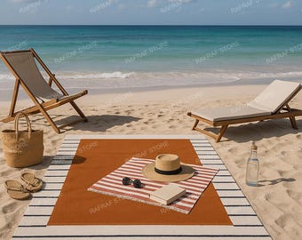 Handmade Terracotta Breeze Rug, Rust Orange Cream Striped Border