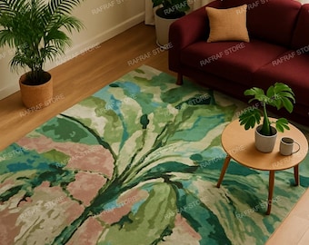 Serene Pastel Green Botanical Rug | Hand-Tufted Wool | Artistic Modern Decor