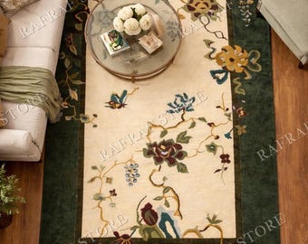 Hand Tufted Wool Rug – Floral Art Deco Style, Beige & Green