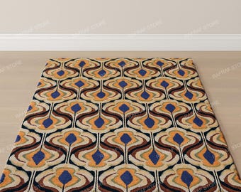 Hand-Tufted Viscose Rug, Retro Petal Motif, Burnt Orange, Mustard & Indigo