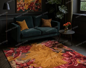 Hand-Tufted Crimson Floral Wool Rug – Vibrant Pink, Maroon & Mustard