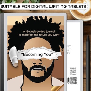 Puede incluir: Una portada de diario digital con una ilustración en blanco y negro de un rostro con el texto "Becoming You" y las palabras "A 12-week guided journal to manifest the future you want".