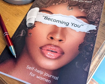 May include: A self-help journal for women with the title "Becoming You" on the cover. The cover features a woman's face with a torn piece of paper covering her eyes. The background is a dark brown with a floral pattern.