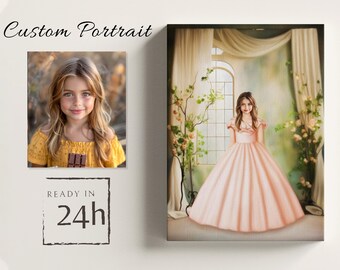 May include: A custom portrait painting of a young girl in a pink dress, standing in a room with a window and floral decorations. The painting is ready in 24 hours.