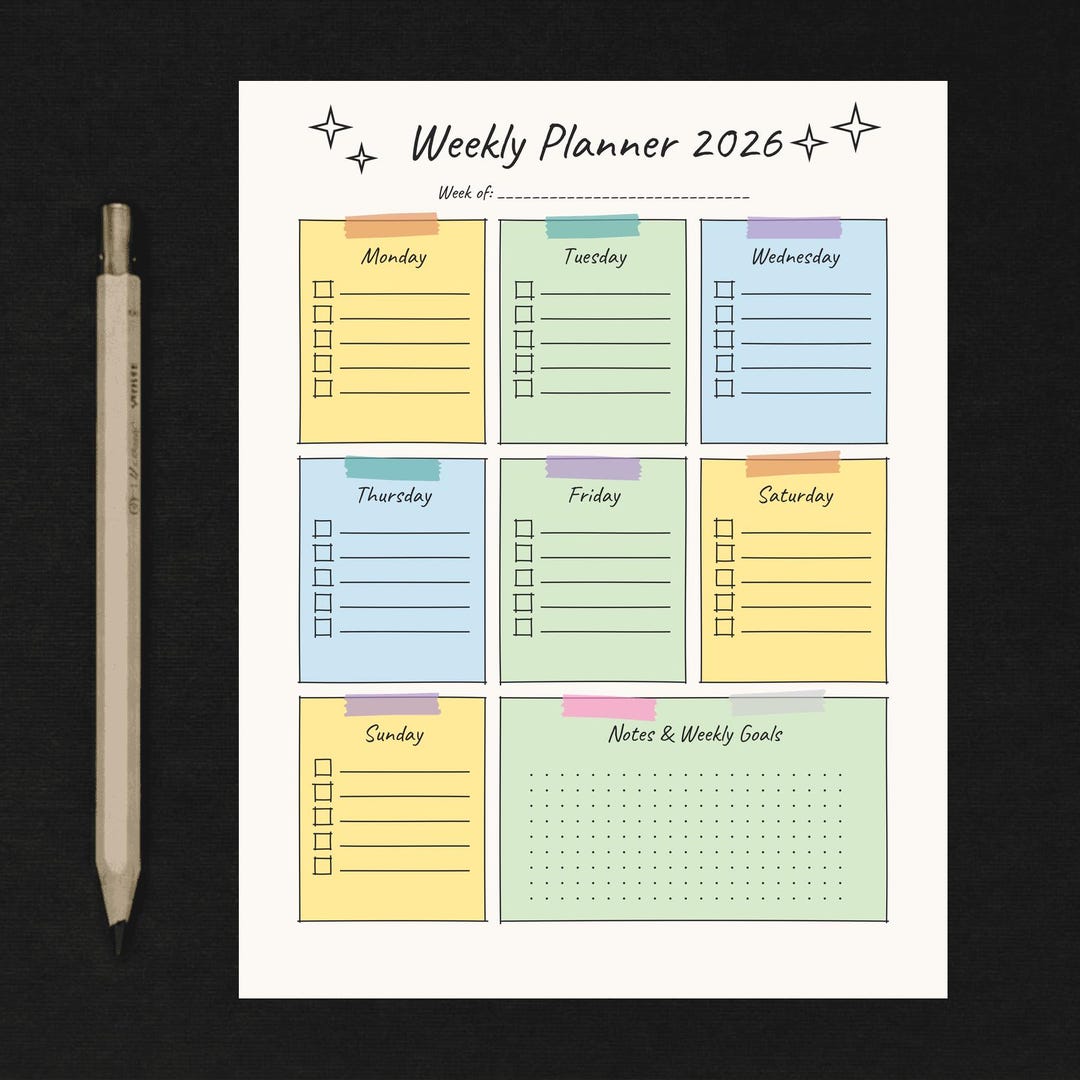 Undated Week Weekly Planner Printable PDF, Undated Week at a Glance, Hand Drawn ...
