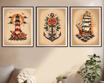 May include: Set of three framed art prints with a vintage nautical theme. Each print features a different design: a lighthouse, an anchor with roses, and a sailing ship. The artwork has a warm color palette with brown, red, and orange tones.