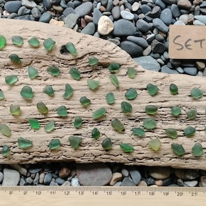 May include: A collection of small, smooth, green sea glass pieces arranged on a large, textured piece of driftwood. A small rectangular card labelled "SET 1" is placed on the wood. A wooden ruler at the bottom shows a length of 30 centimetres.