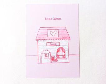 Home Sweet Home Illustration Print Design | Wall Art | Home Decor | Living Room/ Bedroom/Kitchen Wall Art, Pink Eclectic, 5x7