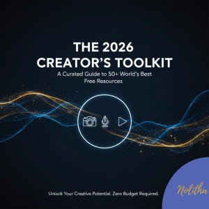 Peut inclure: Graphique bleu foncé avec le texte "THE 2026 CREATOR'S TOOLKIT" et "A Curated Guide to 50+ World's Best Free Resources." Un cercle blanc contient des icônes d'appareil photo, d'ampoule et de lecture. Le texte "Unlock Your Creative Potential. Zero Budget Required."