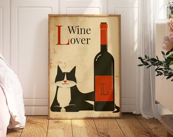 Retro Wine Cat Wall Art - Funny Alcohol Print for Cat Lovers - Digital Download, Alcohol Poster, Cat Art Print, Funny Wine Gift