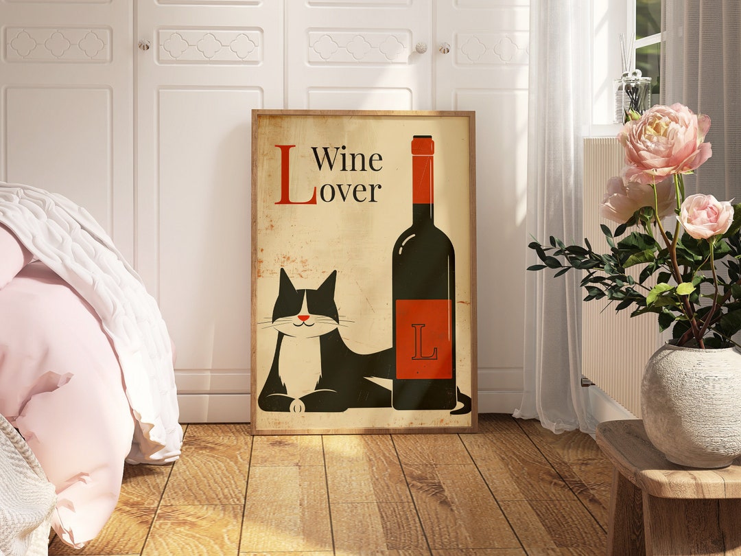 Retro Wine Cat Wall Art - Funny Alcohol Print for Cat Lovers - Digital ...