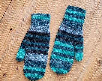 Hand-knitted wool mittens, Warm winter mittens, Cozy mittens, Green mittens, Hand-knitted mittens, Knitted mittens, Striped mittens