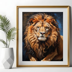 Peut inclure: Une peinture encadrée d'un lion avec une crinière épaisse de fourrure brune et noire. Le lion regarde directement le spectateur avec une expression sérieuse. L'arrière-plan est bleu foncé avec des touches de brun et de blanc.